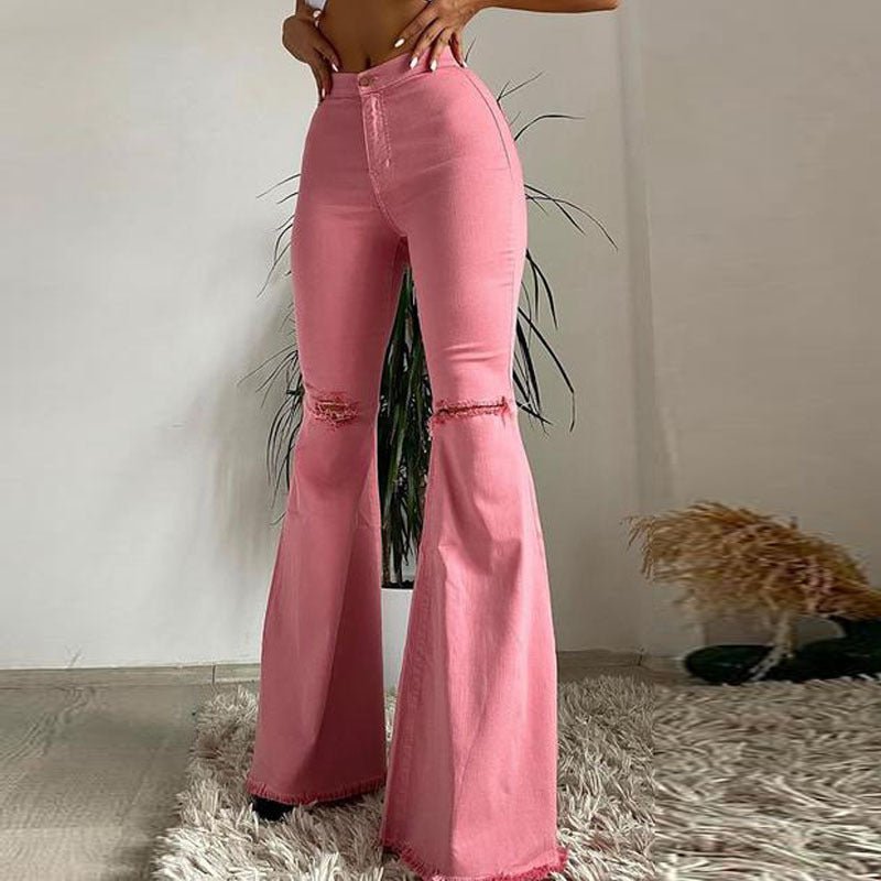 Colored Stretch Ripped Frayed Flared Denim Trouser - SunneySteveColored Stretch Ripped Frayed Flared Denim TrouserWomen's ClothingSunneySteveSunneySteveCJNZ120278207GT